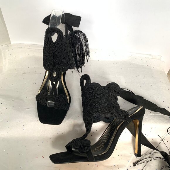 Express x Brian Atwood Black Macrame Lace up Ankle Stiletto Sandals Tassel Tie - Picture 16 of 16